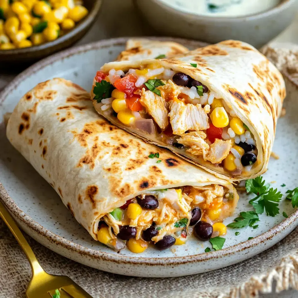 Un gros plan de deux burritos grillés garnis de riz, poulet, maïs, haricots noirs et tomates en dés, servis sur une assiette avec du maïs et de la sauce en accompagnement.