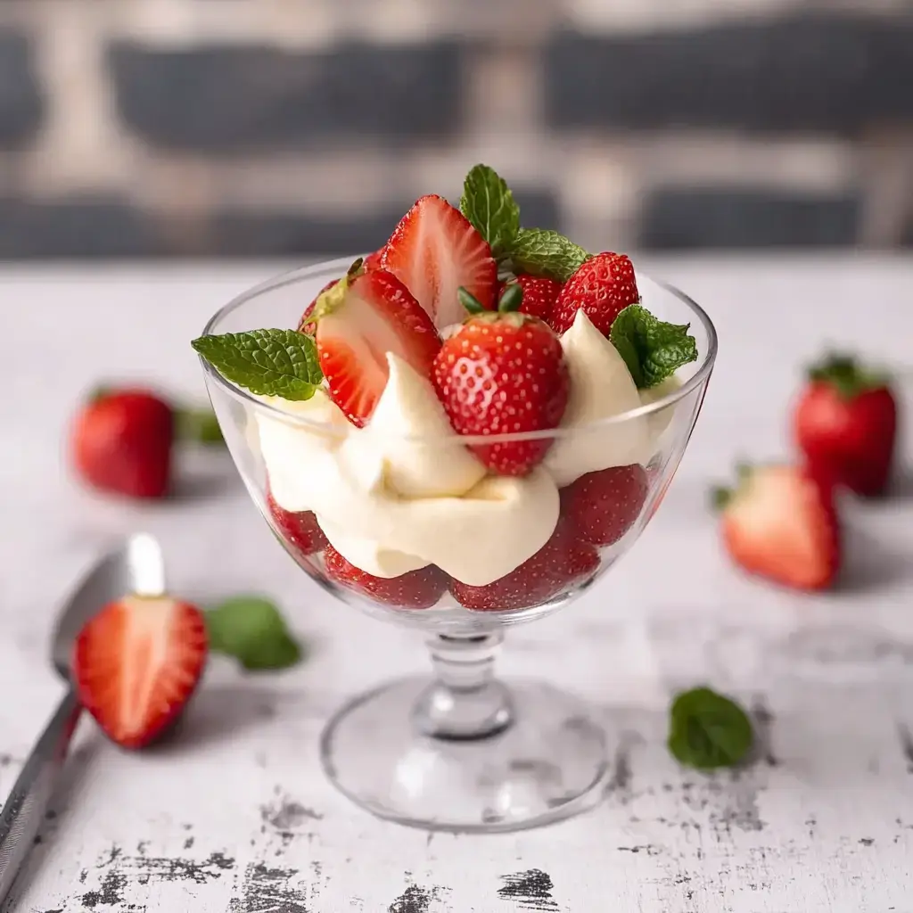 Un bol à dessert en verre rempli de fraises fraîches, de crème fouettée, et garni de feuilles de menthe, avec des fraises supplémentaires dispersées autour.