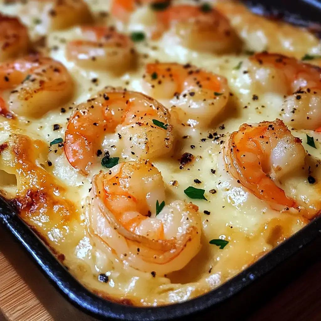Un gros plan d'un plat cuit au four garni de crevettes, de fromage et parsemé d'herbes et d'assaisonnement.