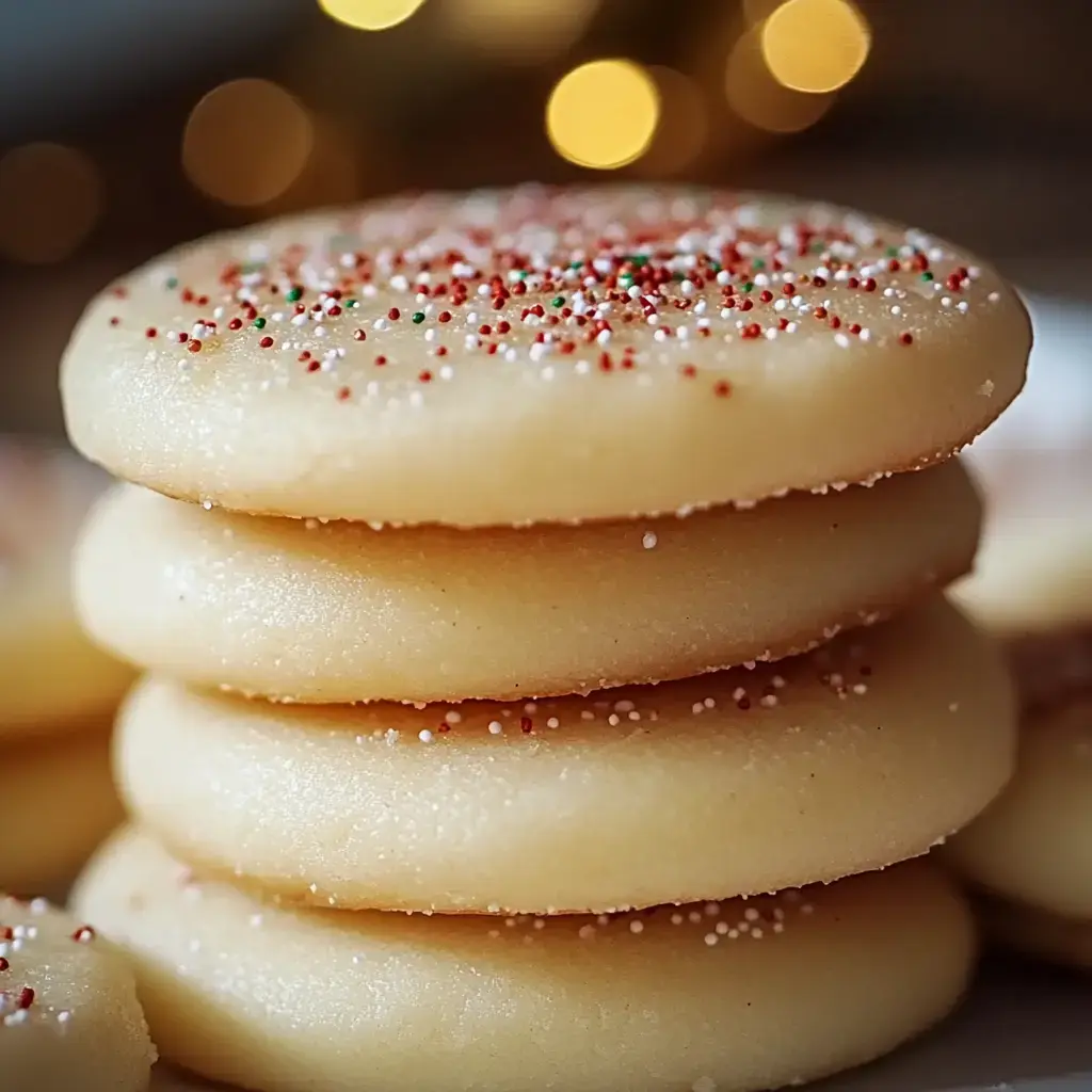 Une pile de biscuits ronds et moelleux garnis de paillettes rouges et vertes, sur un fond flou de lumières chaleureuses.