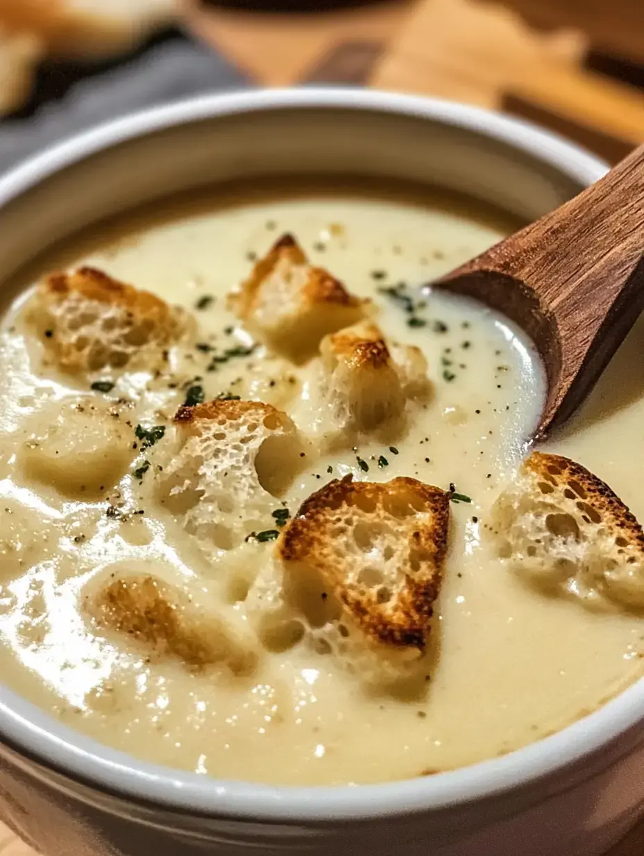 Une soupe crémeuse garnie de dés de pain grillé et d'herbes vertes, servie dans un bol blanc avec une cuillère en bois.