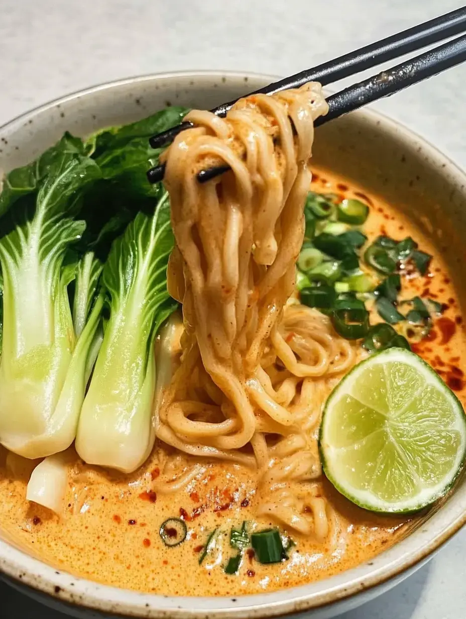 Un bol de nouilles ramen crémeuses avec pak choï, oignons verts et quartier de citron vert.