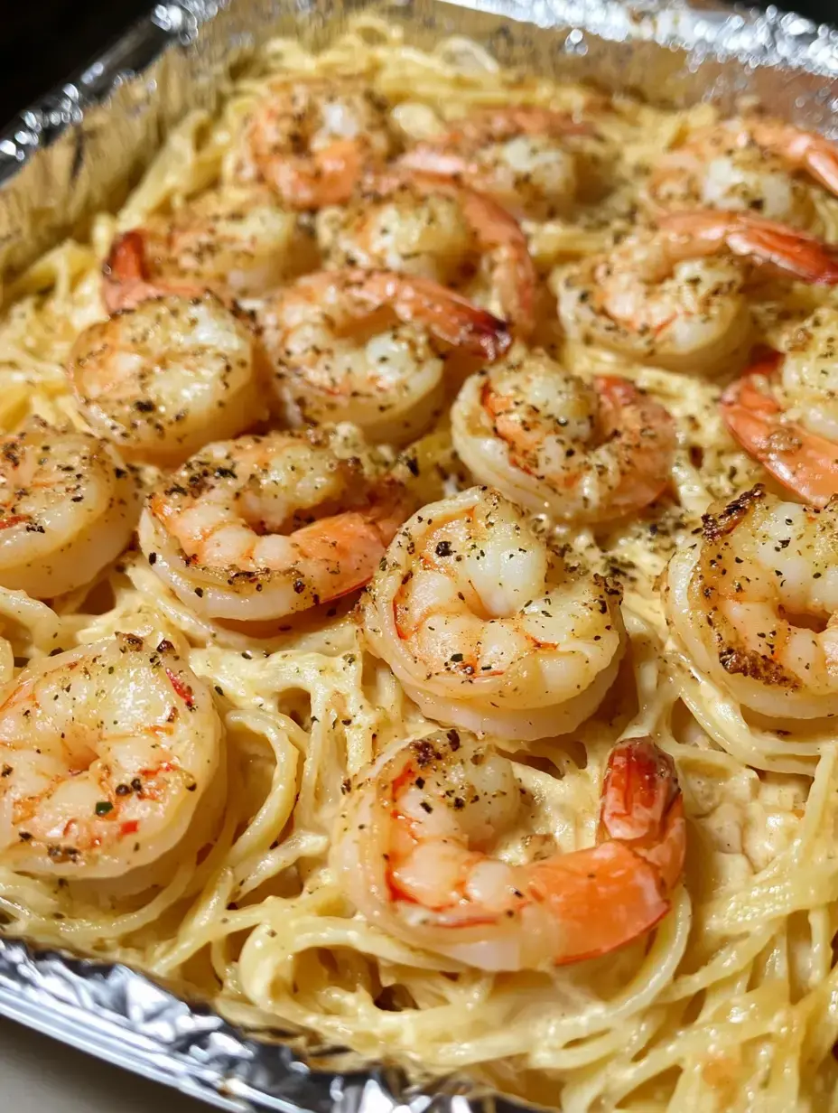 Gros plan de crevettes cuites disposées sur un lit de pâtes crémeuses dans un plat en aluminium.