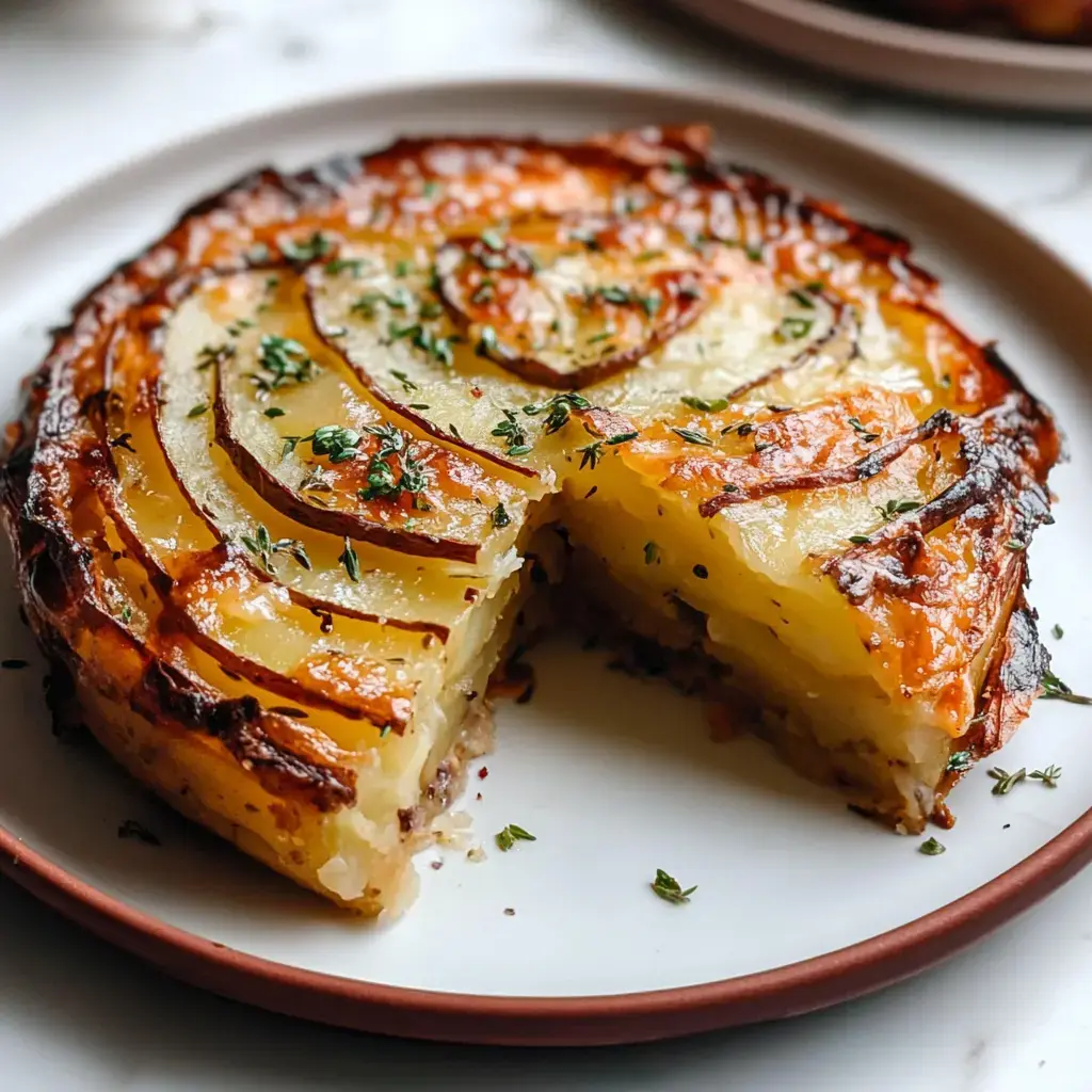 Une part de plat de pommes de terre doré et cuit au four avec des pommes de terre superposées, garnie d'herbes, sur une assiette blanche.
