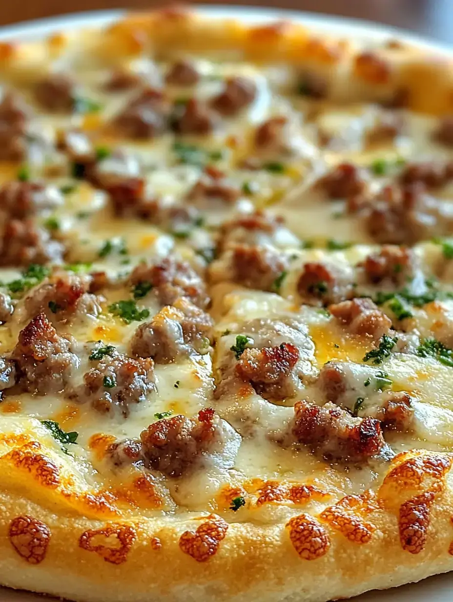 Un gros plan d'une pizza fraîchement cuite garnie de saucisse, de fromage fondu et de persil sur une croûte dorée.