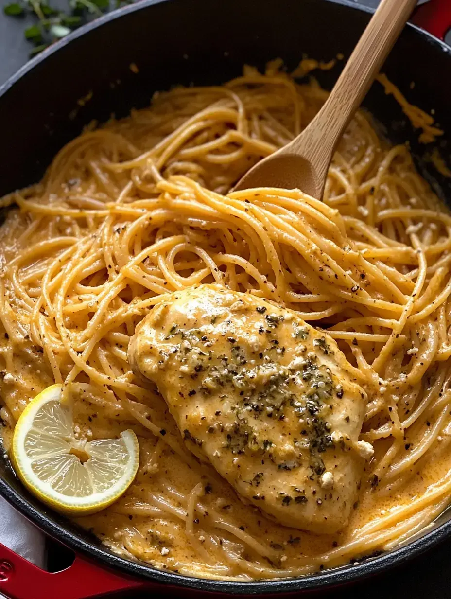Un plat de pâtes crémeuses avec des spaghettis et un morceau de poulet assaisonné, garni d'une tranche de citron, dans une poêle noire.