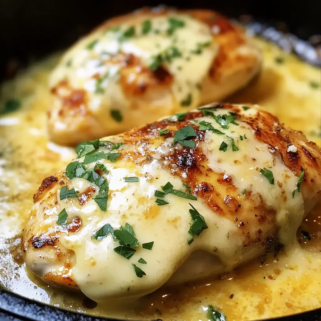Deux poitrines de poulet dorées recouvertes de fromage fondu et garnies de persil frais, servies dans une poêle avec une sauce beurrée.