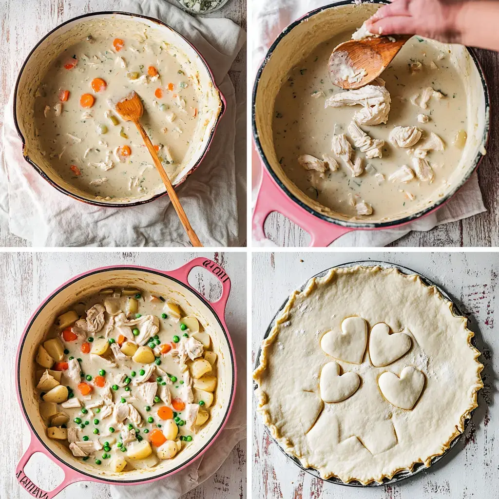 Une série de quatre images montrant la préparation de la tourte au poulet, incluant le mélange des ingrédients, l'ajout du poulet, la combinaison des légumes et la disposition de la pâte avec des formes de cœur découpées.