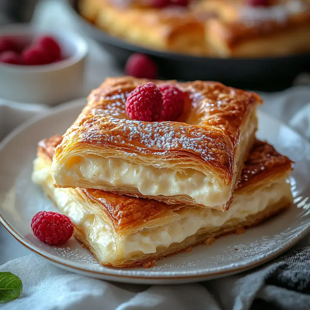 Un gros plan de deux couches de pâtisserie feuilletée remplies de crème onctueuse, garnies de framboises fraîches et de sucre glace sur une assiette blanche.