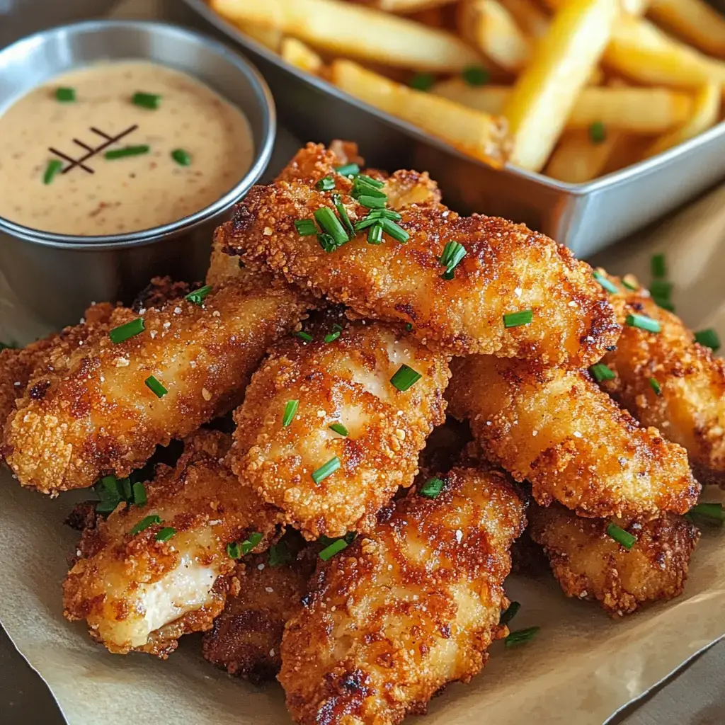 Un gros plan de bâtonnets de poulet panés croustillants garnis de ciboulette hachée, servis avec une sauce et des frites.