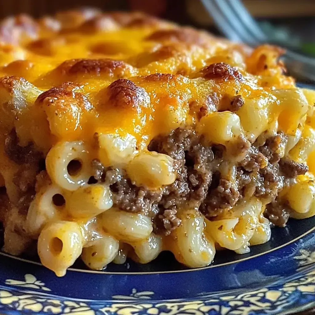 Une tranche de casserole de macaroni et bœuf au fromage cuite servie sur une assiette décorative bleue.