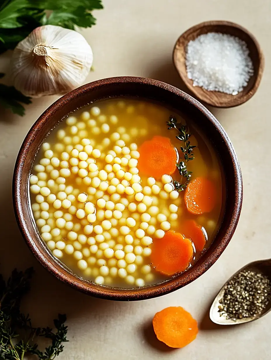 Un bol de soupe contenant des petites pâtes, des carottes en rondelles et des herbes, accompagné d'ail, de sel et de poivre sur une table.
