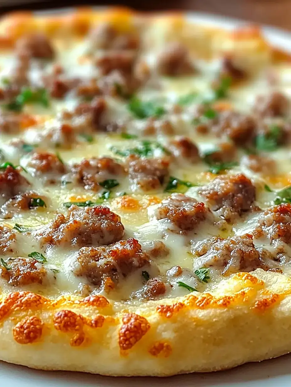 Un gros plan d'une pizza fraîchement cuite recouverte de fromage fondu, de morceaux de saucisse et garnie d'herbes vertes.