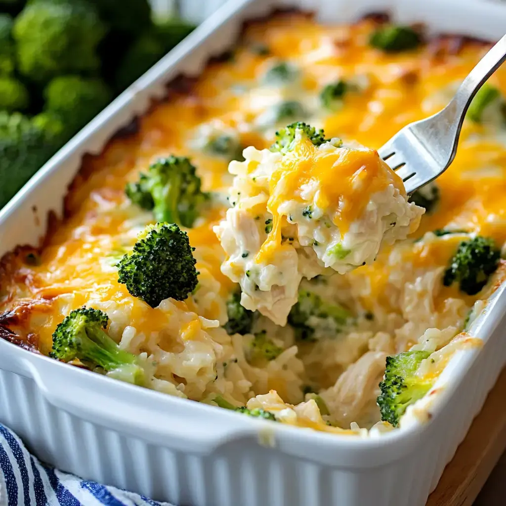 Une fourchette soulève un gratin crémeux de poulet et brocoli d'un plat blanc recouvert de fromage fondu.