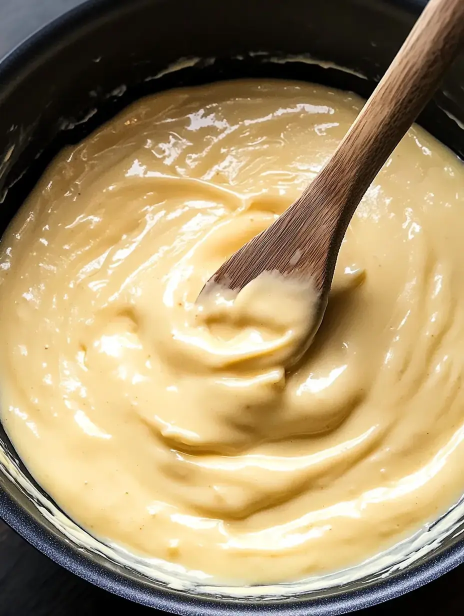 Une cuillère en bois remue une sauce jaune crémeuse et onctueuse dans un bol noir.
