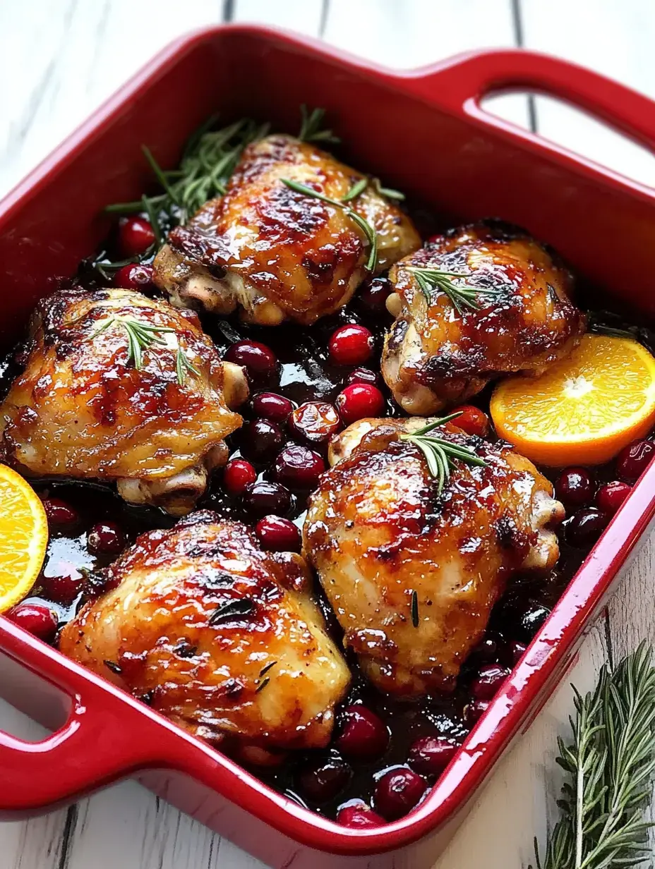 Un plat de cuisson rouge rempli de cuisses de poulet glacées, entourées de canneberges fraîches et garnies de romarin et tranches d'orange.