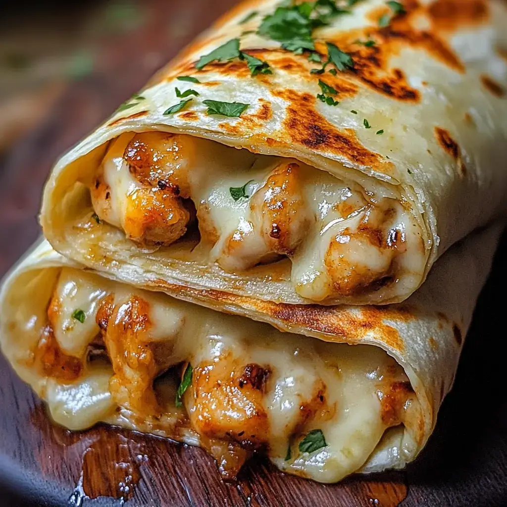 Deux wraps grillés garnis de poulet et de fromage fondu, décorés de coriandre hachée, empilés sur une surface en bois.