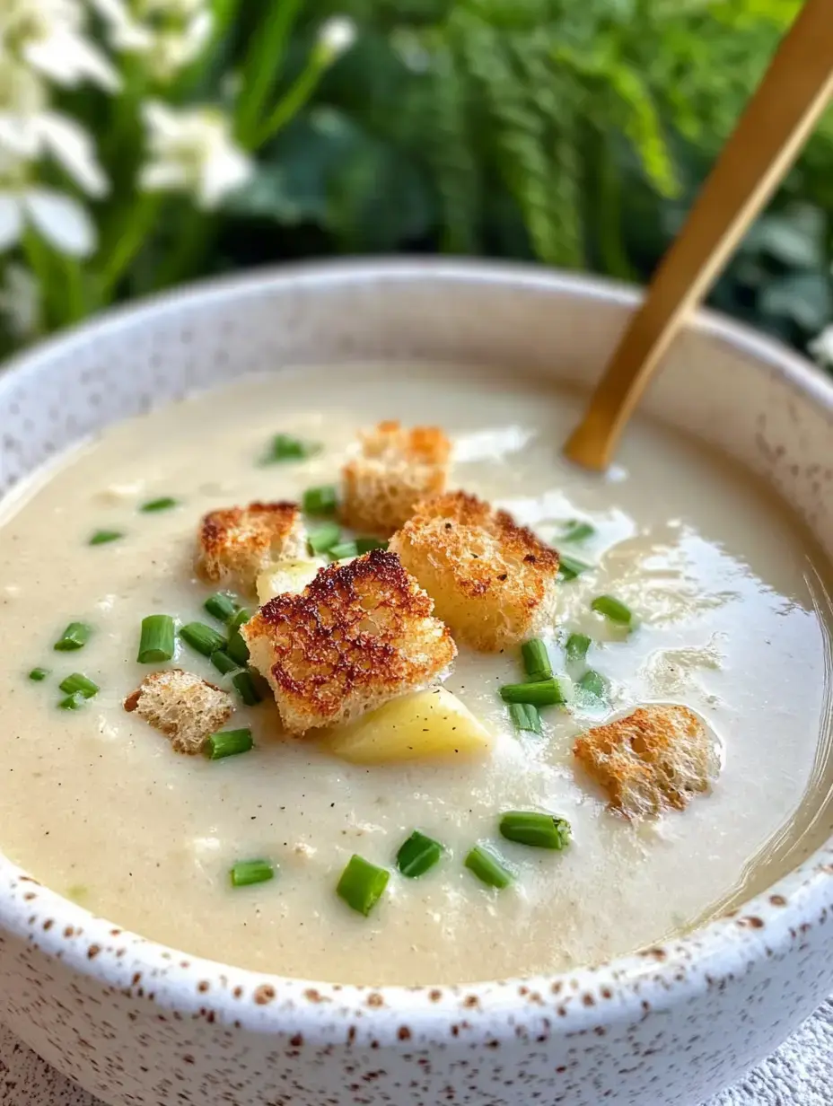 Une soupe crémeuse garnie de croûtons et de ciboulette ciselée, servie dans un bol moucheté avec de la verdure en arrière-plan.