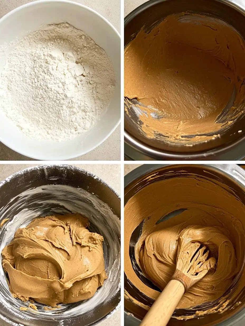 Une série d'images montrant le processus de mélange des ingrédients, commençant par la farine dans un bol et progressant vers un mélange crémeux dans une casserole avec une cuillère en bois.