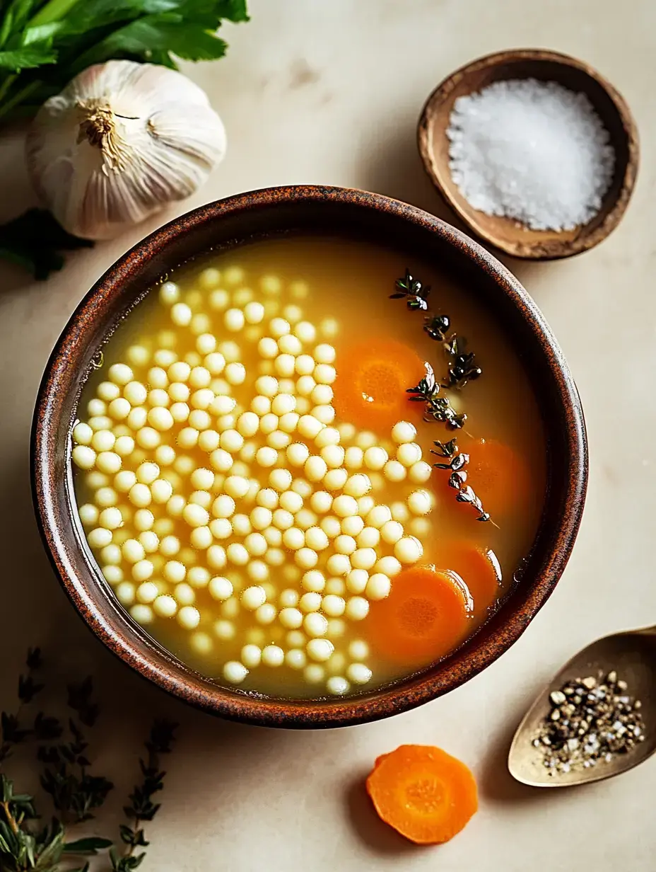 Un gros plan d'un bol de bouillon avec des petites pâtes, des carottes en rondelles et des herbes, accompagné d'ail, d'un bol de sel et d'une cuillère de poivre sur fond neutre.