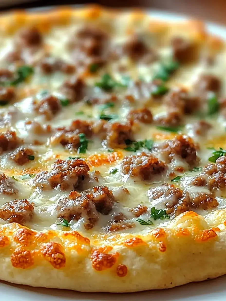 Un gros plan d'une pizza garnie de fromage fondu, de saucisse hachée et saupoudrée d'herbes.