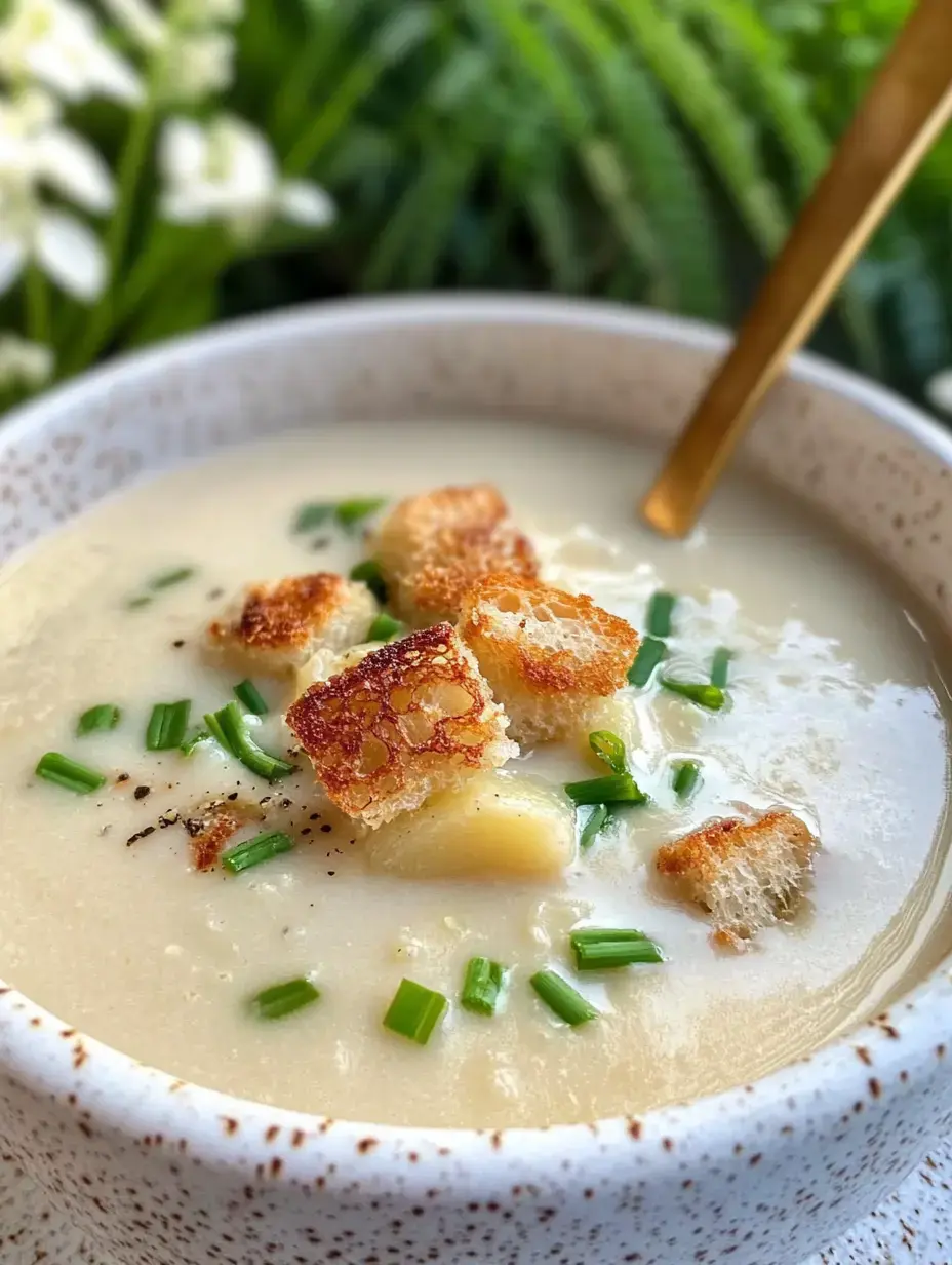 Un bol de soupe crémeuse garnie de croûtons et de ciboulette ciselée, présenté sur un fond de verdure.