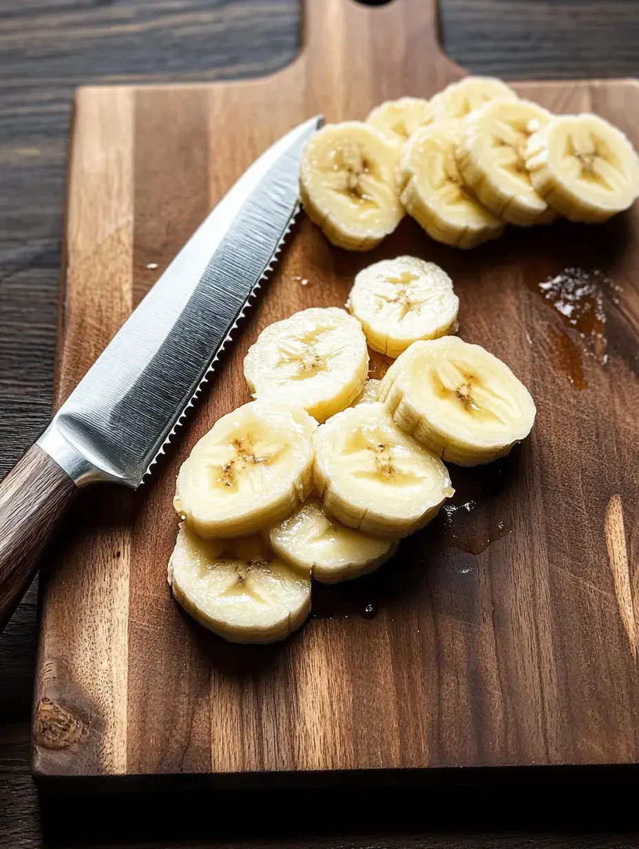 Des bananes coupées sont disposées sur une planche à découper en bois à côté d'un couteau dentelé.