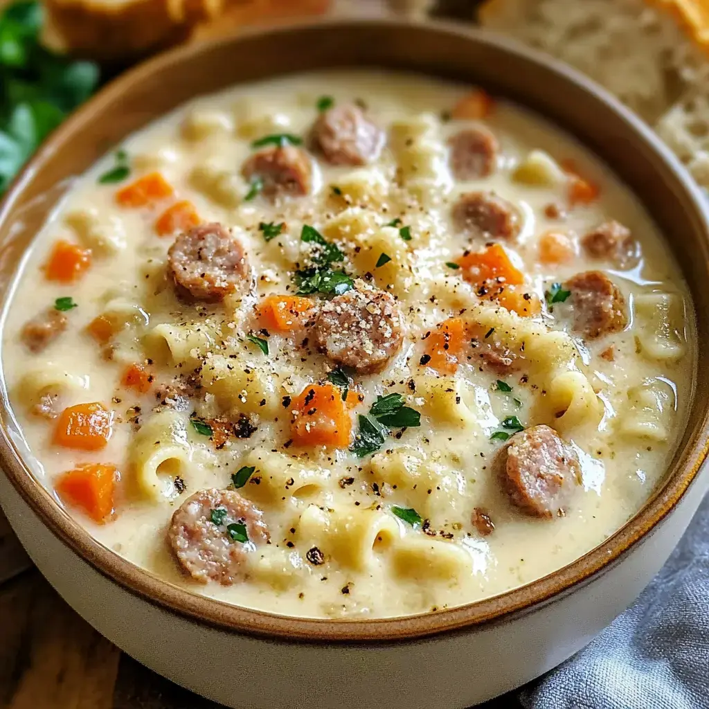 Un gros plan d'un bol de soupe crémeuse avec des pâtes, des tranches de saucisse et des légumes orange en dés, garni de persil et de poivre noir.