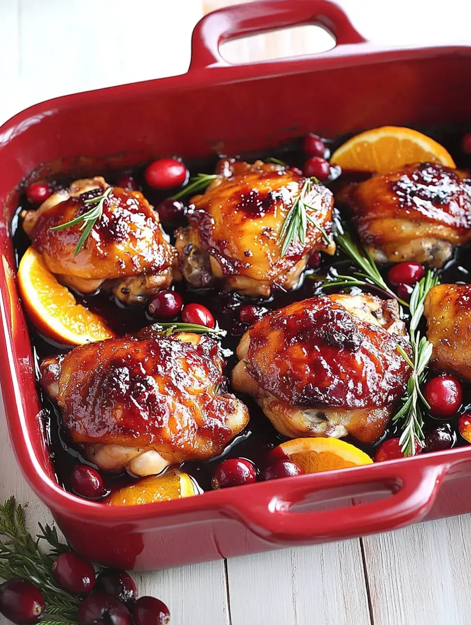 Un plat rouge rempli de cuisses de poulet glacées, entourées de canneberges fraîches et tranches d'orange, garni de romarin.