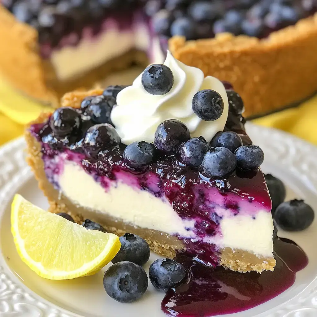 Une part de cheesecake aux myrtilles garnie de myrtilles fraîches et d'une touche de crème fouettée, accompagnée d'un quartier de citron.