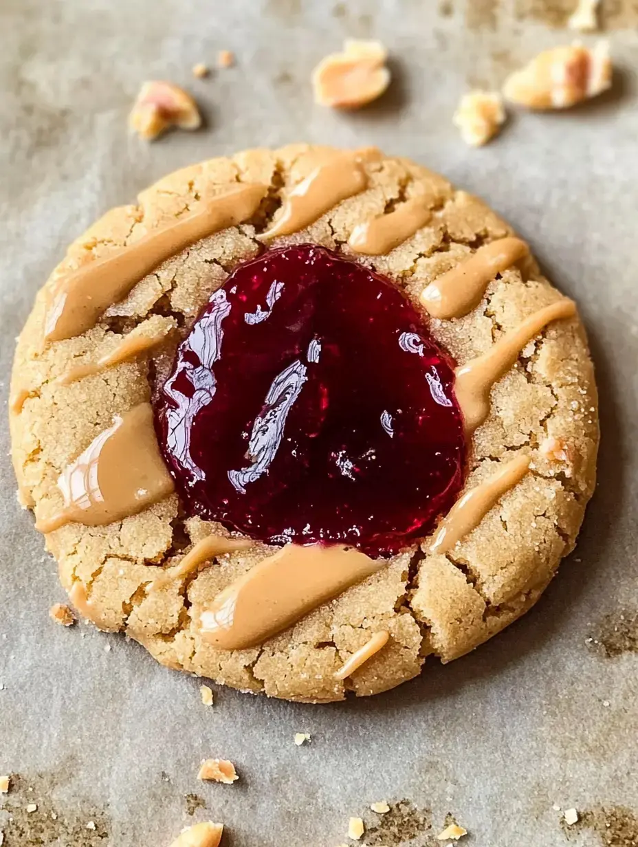 Un gros plan d'un biscuit au beurre de cacahuète garni de confiture de framboise et nappé de beurre de cacahuète, entouré de cacahuètes concassées sur une plaque de cuisson.
