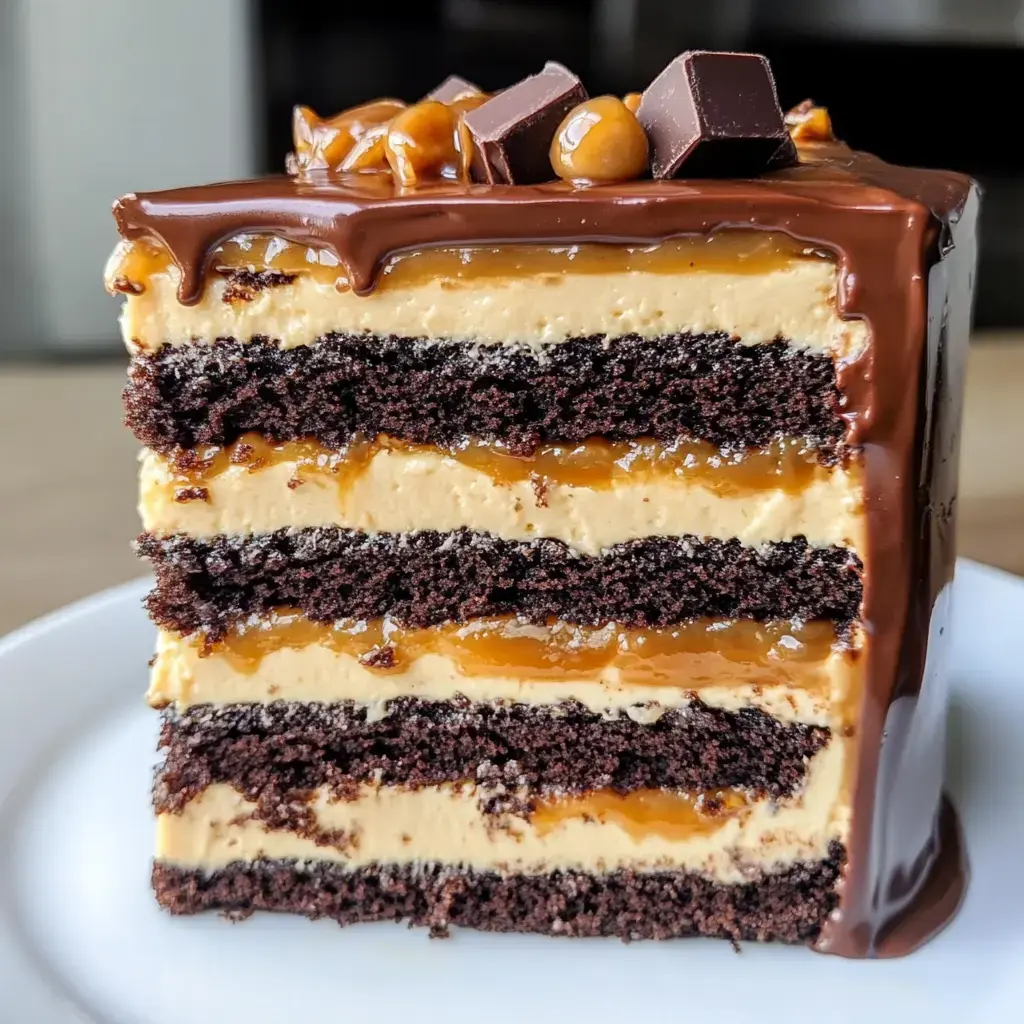 Une tranche de gâteau au chocolat en couches avec du caramel et une garniture crémeuse, surmonté de morceaux de chocolat et nappé de glaçage au chocolat.