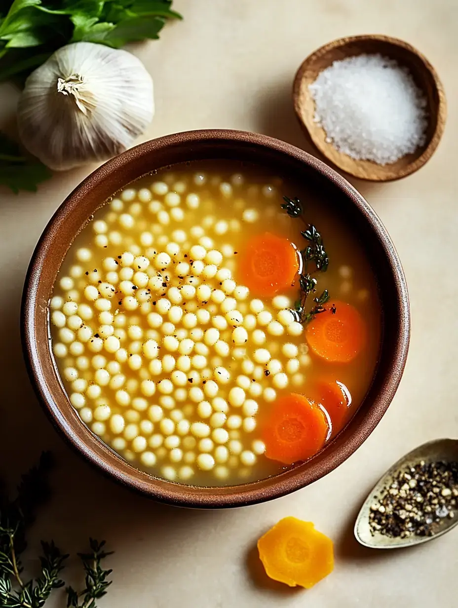 Un bol de soupe contenant des petites pâtes, des carottes en rondelles et des herbes, entouré d'ail, de persil et de sel.