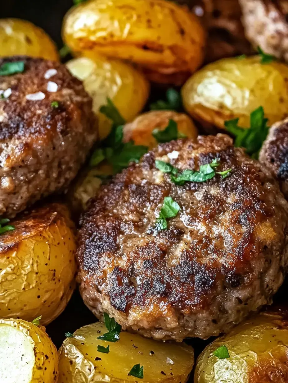 Une vue rapprochée de pommes de terre dorées accompagnant des galettes de viande parfaitement brunies, garnies de persil frais.