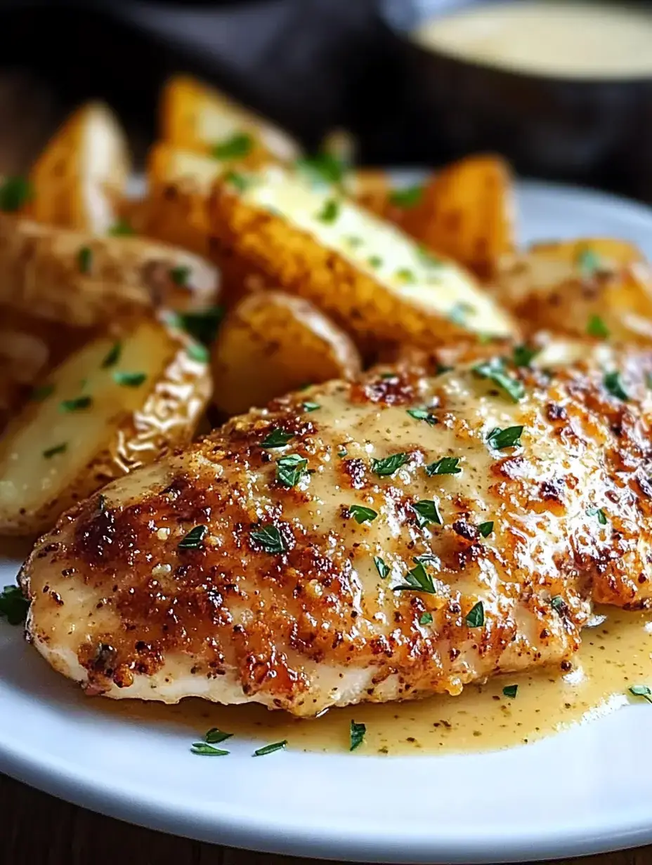 Un repas présenté sur assiette avec un blanc de poulet grillé assaisonné arrosé de sauce, accompagné de quartiers de pommes de terre dorés et garni d'herbes fraîches.