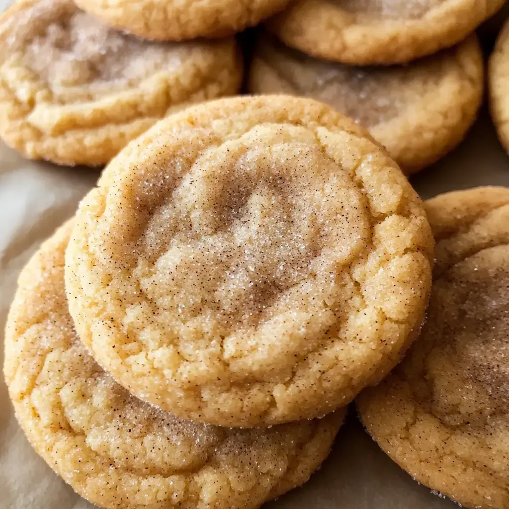 Un gros plan de biscuits fraîchement cuits, dorés et enrobés de sucre à la cannelle.