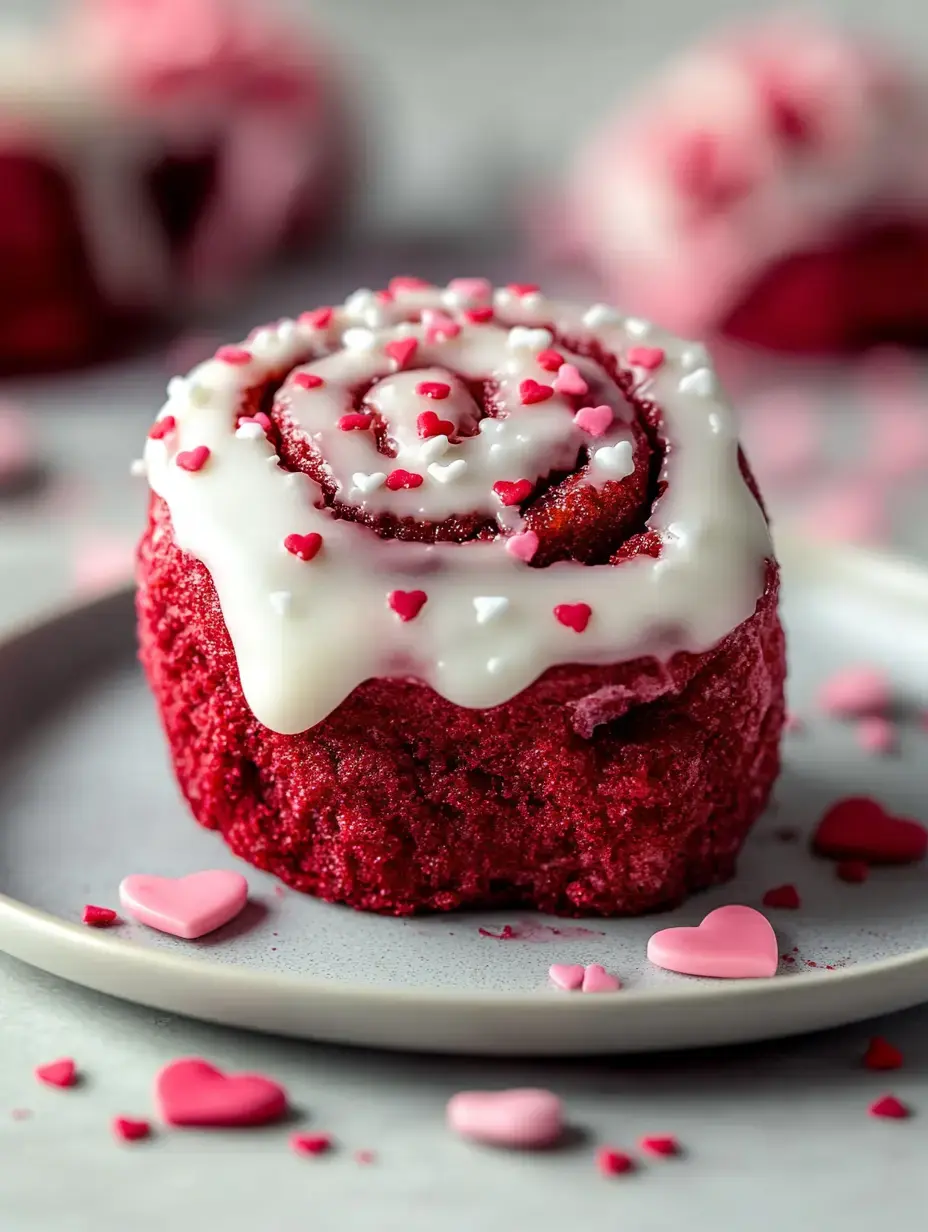 Gros plan d'une brioche rouge velours à la cannelle nappée de glaçage blanc et de petits cœurs roses et rouges sur une assiette grise.