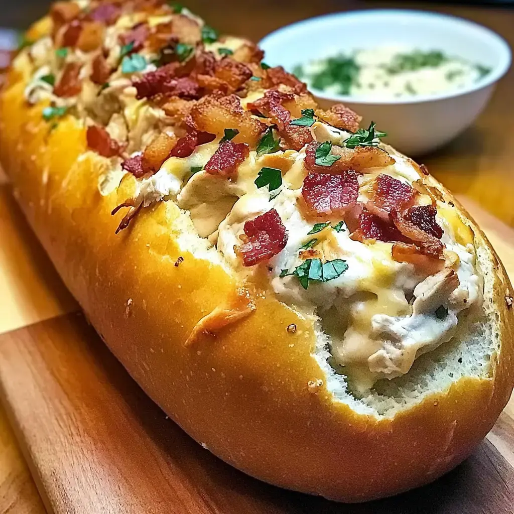 Une miche de pain farcie de poulet crémeux et garnie de bacon croustillant et coriandre hachée, servie à côté d'un bol de soupe.