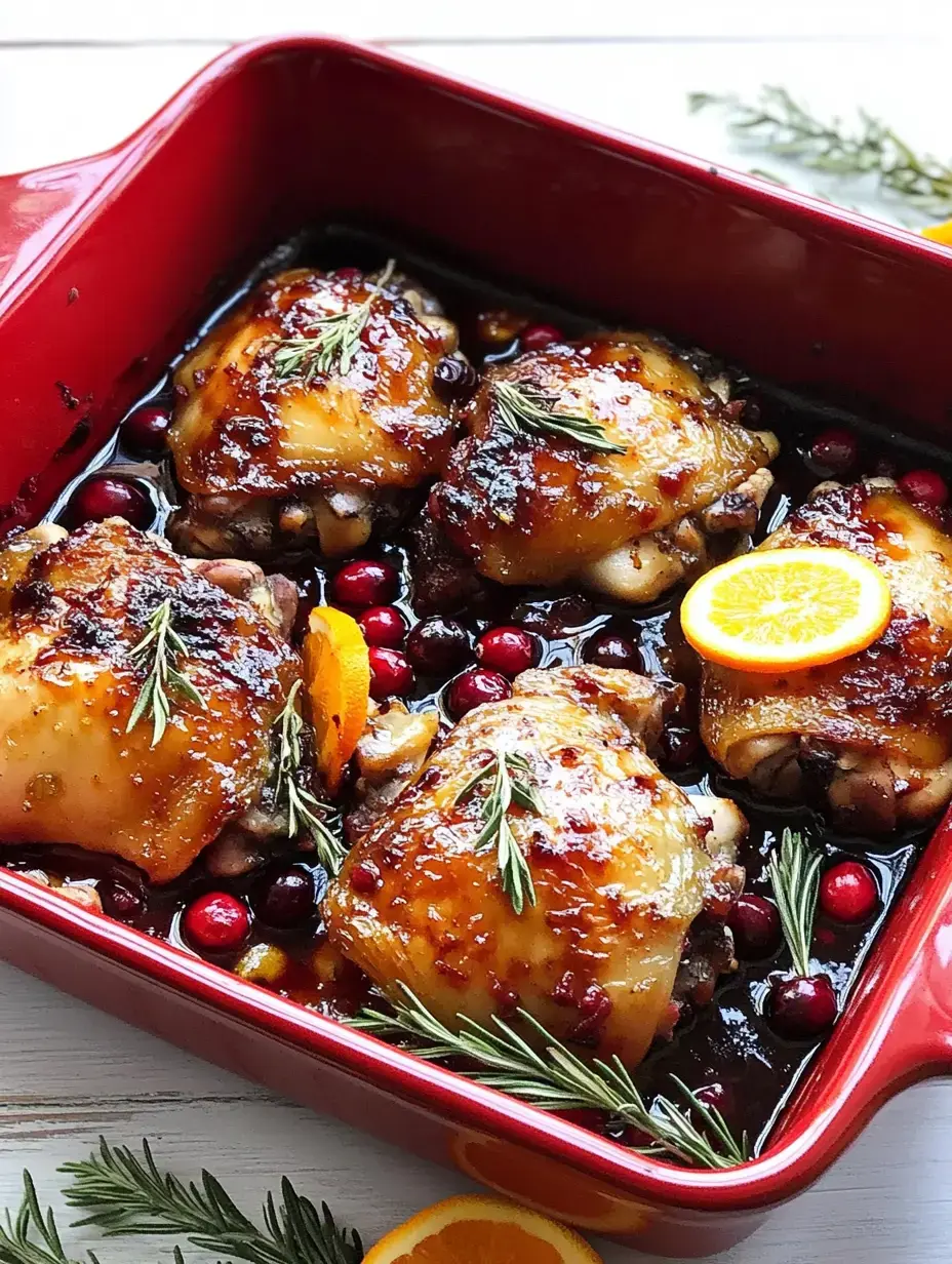 Un plat rouge rempli de cuisses de poulet cuites nappées d'une sauce brillante, entourées de canneberges et garnies de tranches d'orange et de romarin.