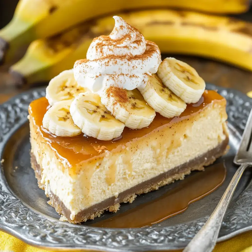 Une part de cheesecake à la banane garnie de tranches de bananes, crème fouettée et saupoudrée de cannelle, servie sur une assiette décorative avec des bananes en arrière-plan.