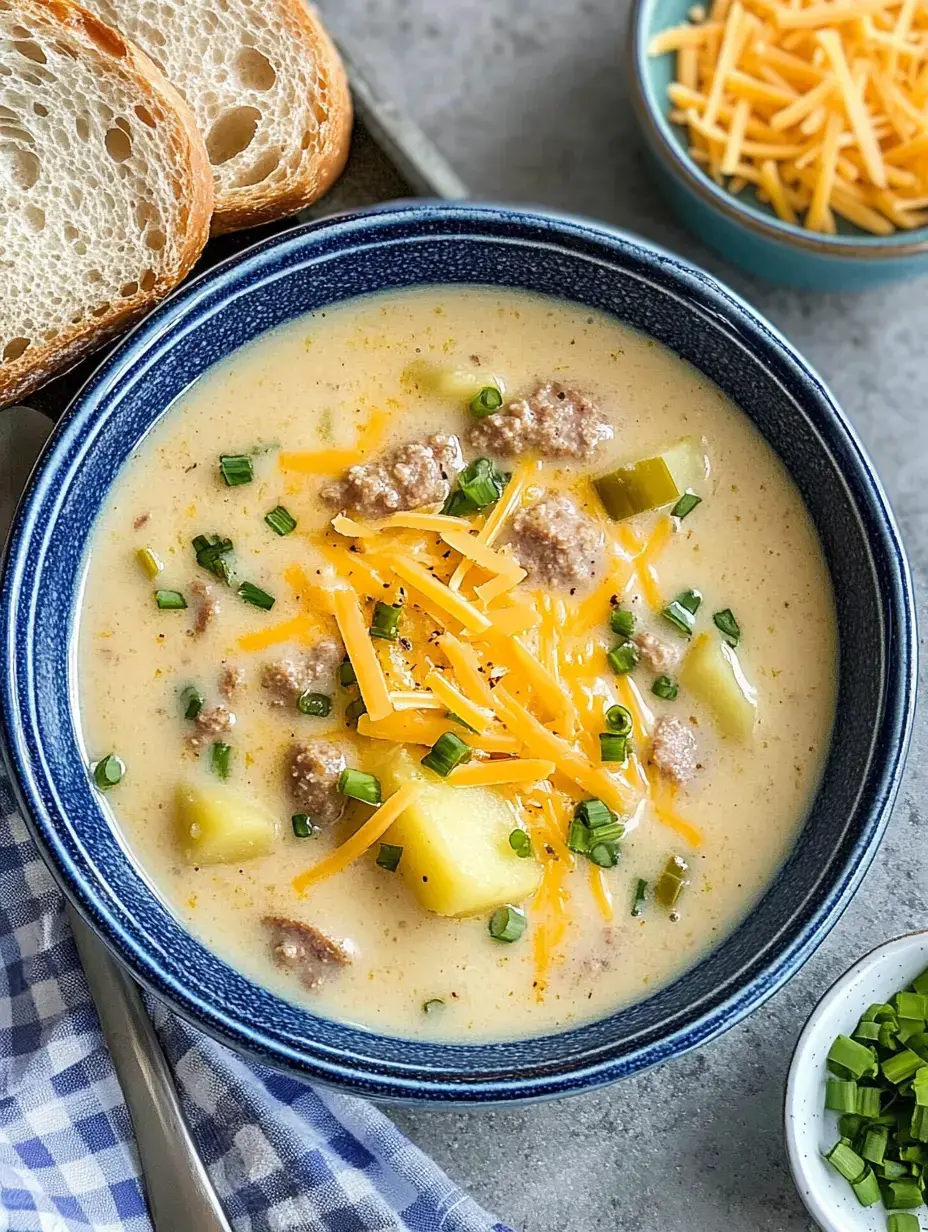 Un bol de soupe crémeuse aux pommes de terre avec viande hachée et fromage râpé, accompagné de tranches de pain et d'un petit bol de fromage râpé.