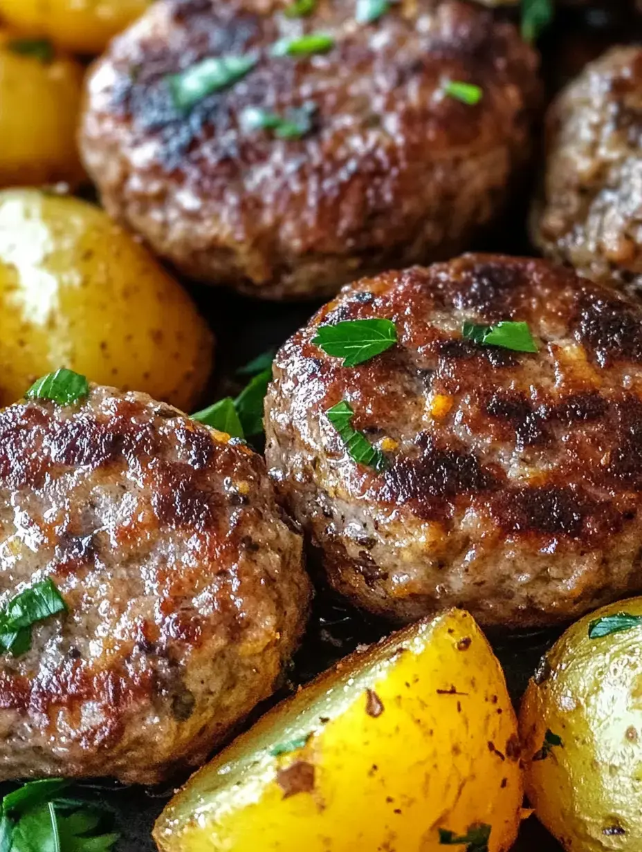 Un gros plan de pommes de terre dorées et de galettes de viande brunies garnies d'herbes hachées.
