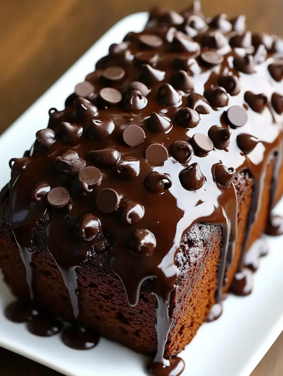 Un cake moelleux au chocolat couvert d'un glaçage riche et parsemé de pépites de chocolat.