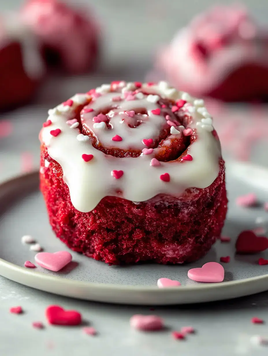 Gros plan d'une brioche rouge velours nappée de glaçage blanc et de petits cœurs roses et blancs, posée sur une assiette grise avec des décorations supplémentaires autour.