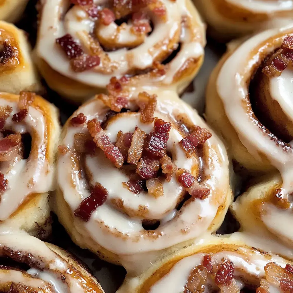 Gros plan sur des brioches à la cannelle garnies de glaçage au fromage frais et de bacon émietté.