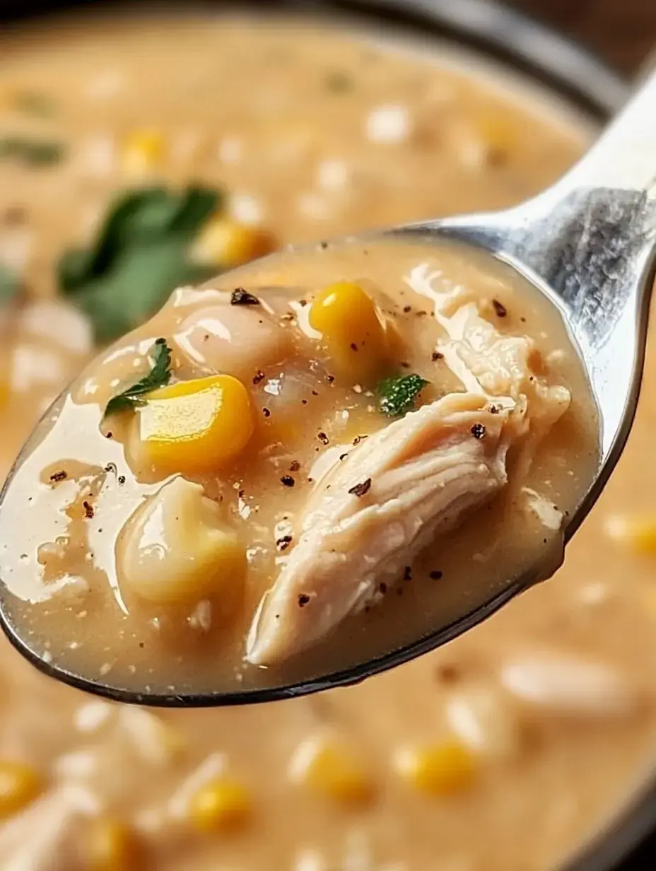 Une cuillerée de soupe crémeuse au poulet avec du maïs et des herbes.
