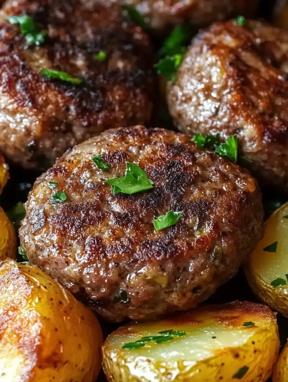 Un gros plan de galettes de viande brunies garnies de persil, accompagnées de pommes de terre croustillantes dorées.