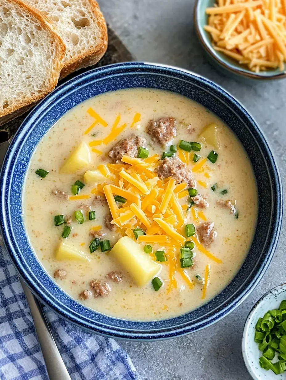 Un bol bleu rempli de soupe crémeuse contenant saucisse, pommes de terre et ciboulette, garni de fromage râpé, accompagné de tranches de pain et d'un petit plat de fromage râpé.