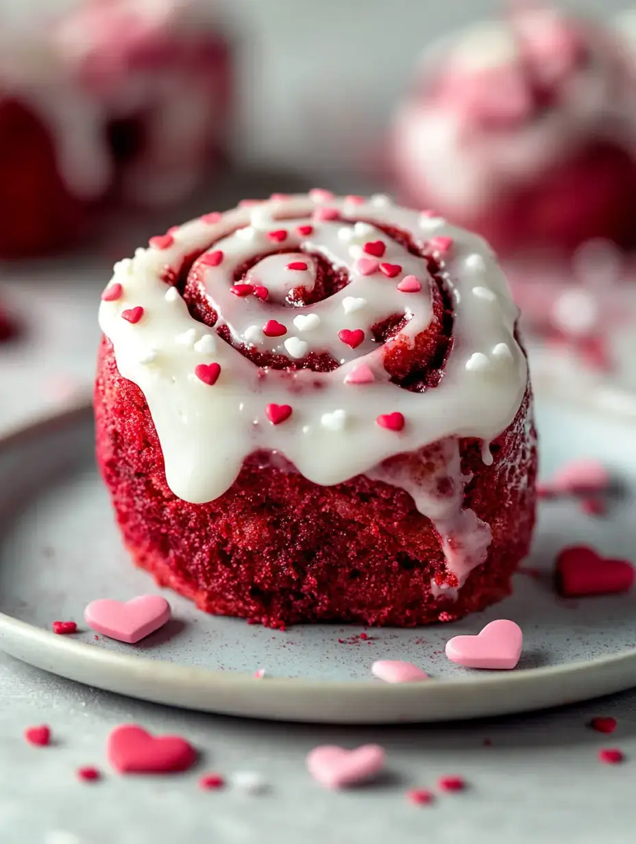 Gros plan d'une brioche rouge velours nappée de glaçage blanc et décorée de petits cœurs rouges et roses sur une assiette.