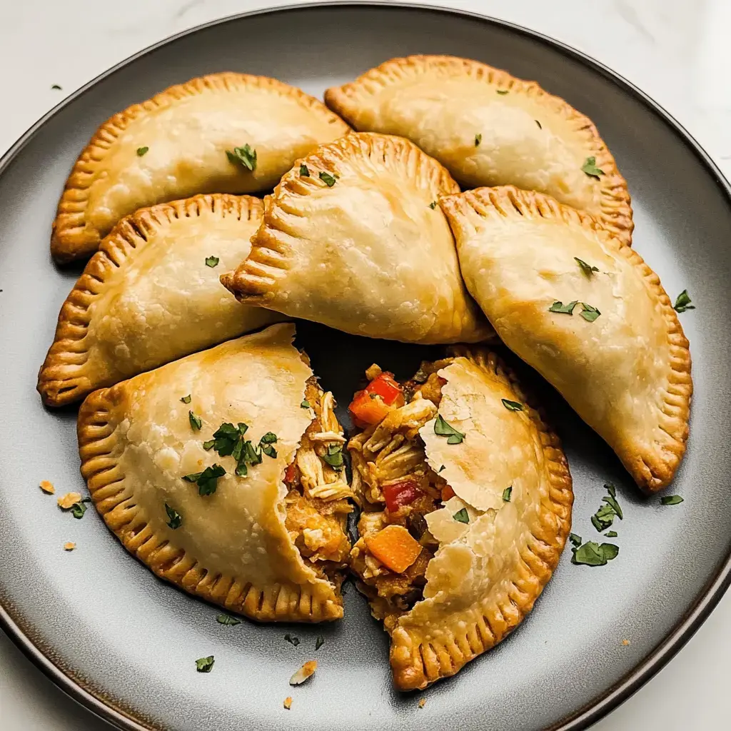 Une assiette d'empanadas dorés, avec un ouvert montrant une farce de poulet émietté, légumes et herbes.